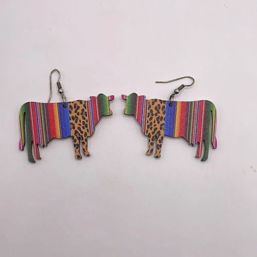 Rainbow Multicolor Animal Print Wooden Cow-Shaped Wire Dangle Earrings